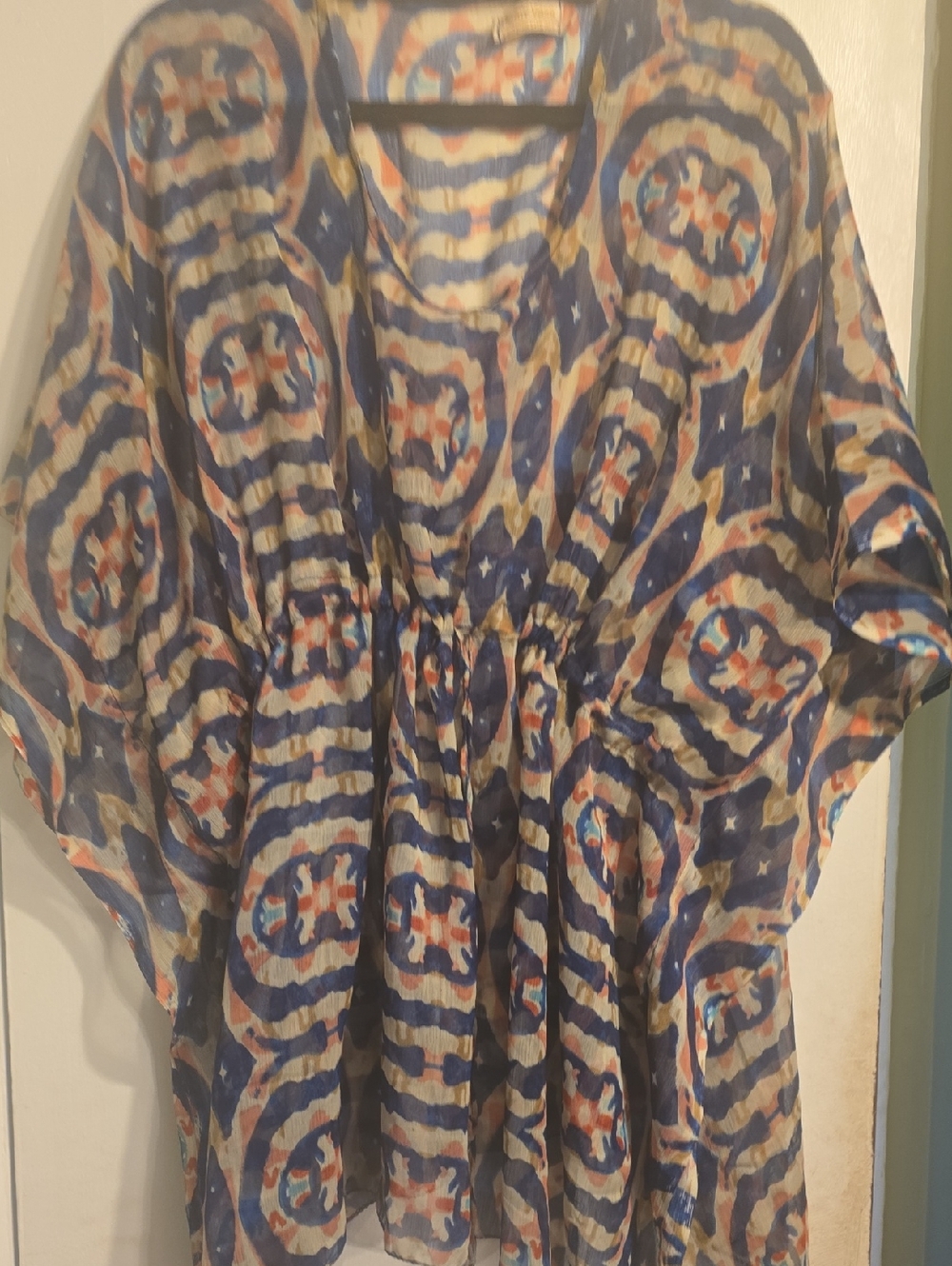 Joan Vass Blue and Cream Printed Tunic with Rust Accents